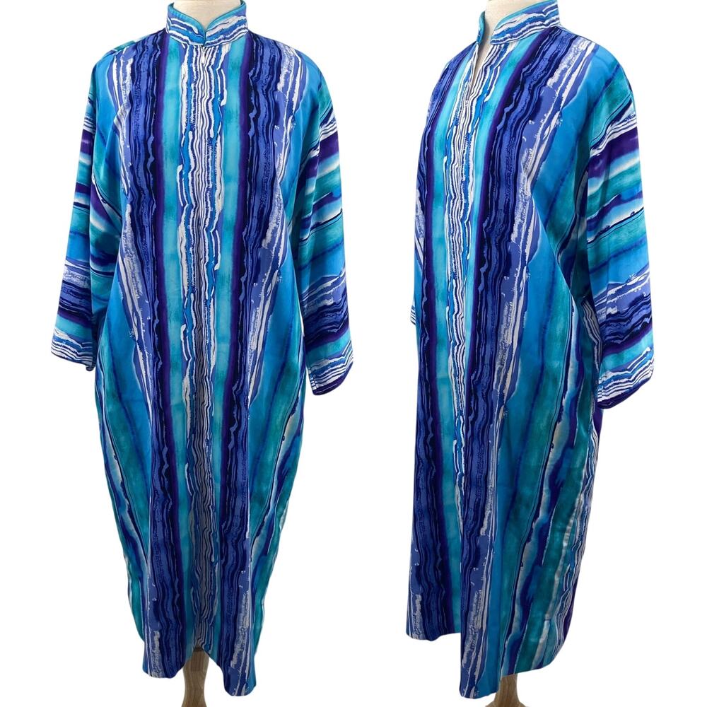 Vintage Ruth Norman Neiman Marcus Kaftan Midi Dress Caftan Blue Abstract Stripe